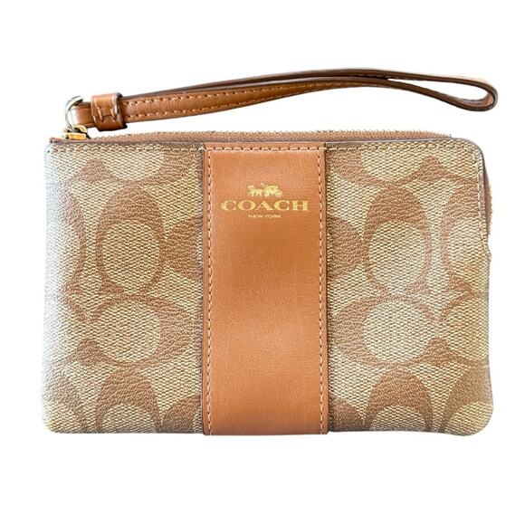 Coach Handbags - Coach Logo Signature Canvas Corner Zip Leather Stripe Khaki Wristlet Old Money